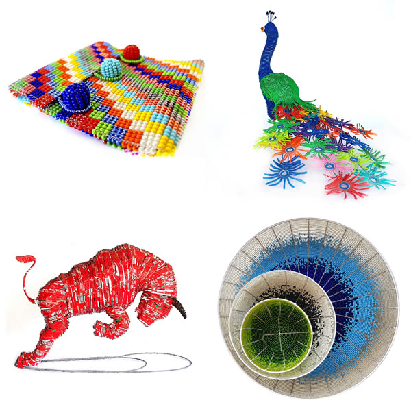 An image of beadwork bowls, woven bead bracelet, a tin bull and a wire peacock ... 