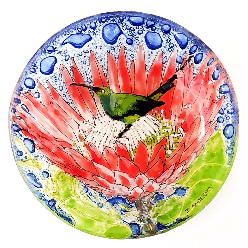 Glass Bowl - King Protea and Sunbird