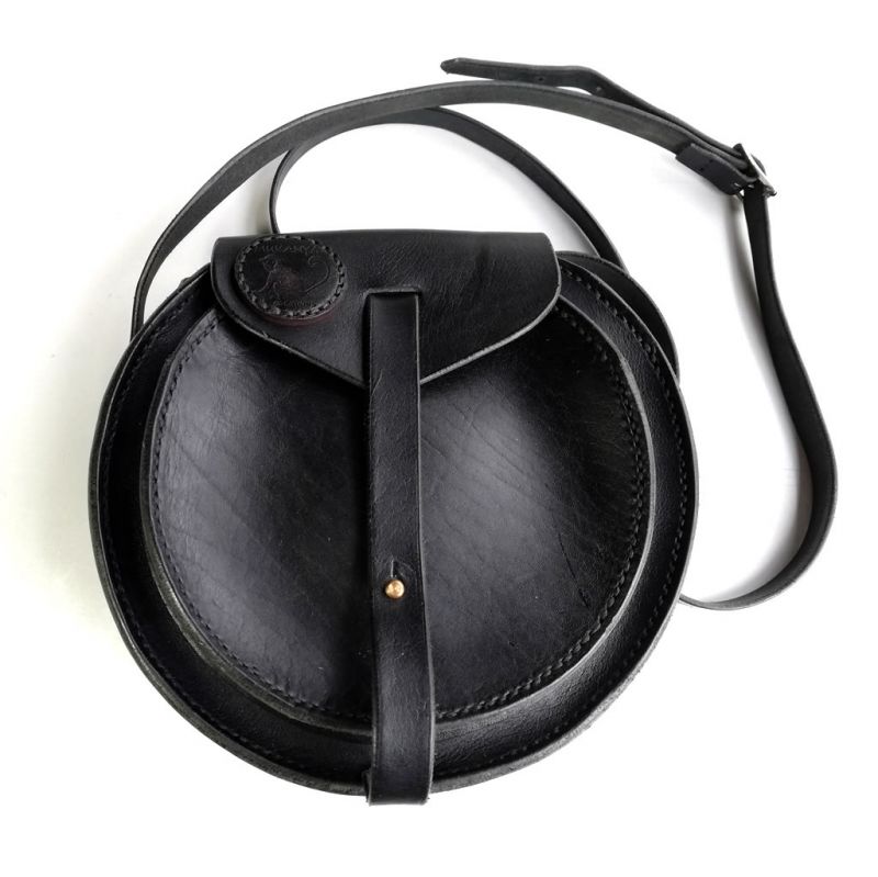 Leather Shoulder Bag - Round - Black
